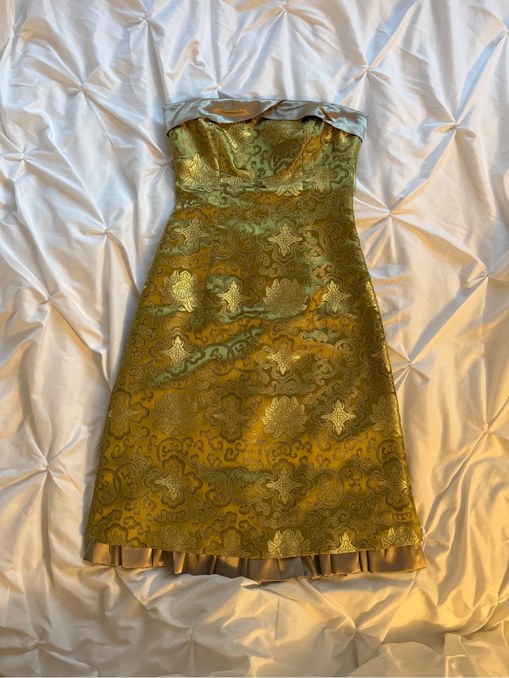 Vintage Strapless Green Gold Brocade Cocktail Dress Frill Hem Womens US 2